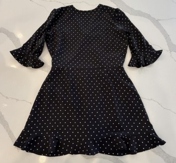 LOFT Black/White Polka Dot Wait Tie Faux Wrap 3/4 Sleeve Mini Skater Dress, Sz 8 - Picture 15 of 16